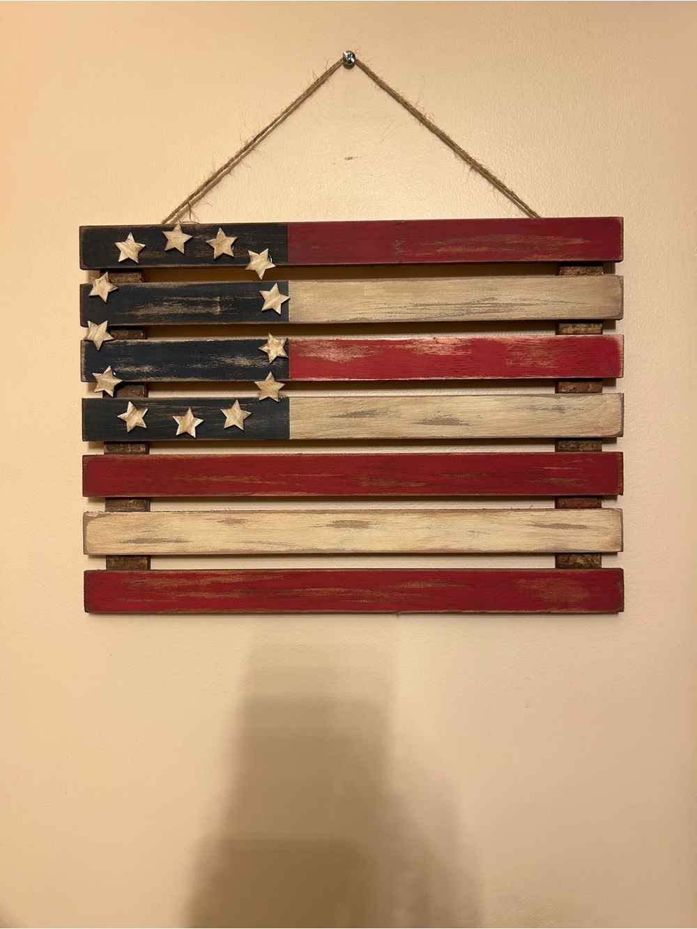 Rustic Wooden American Flag Wall Decor - Red, Blue, Cream